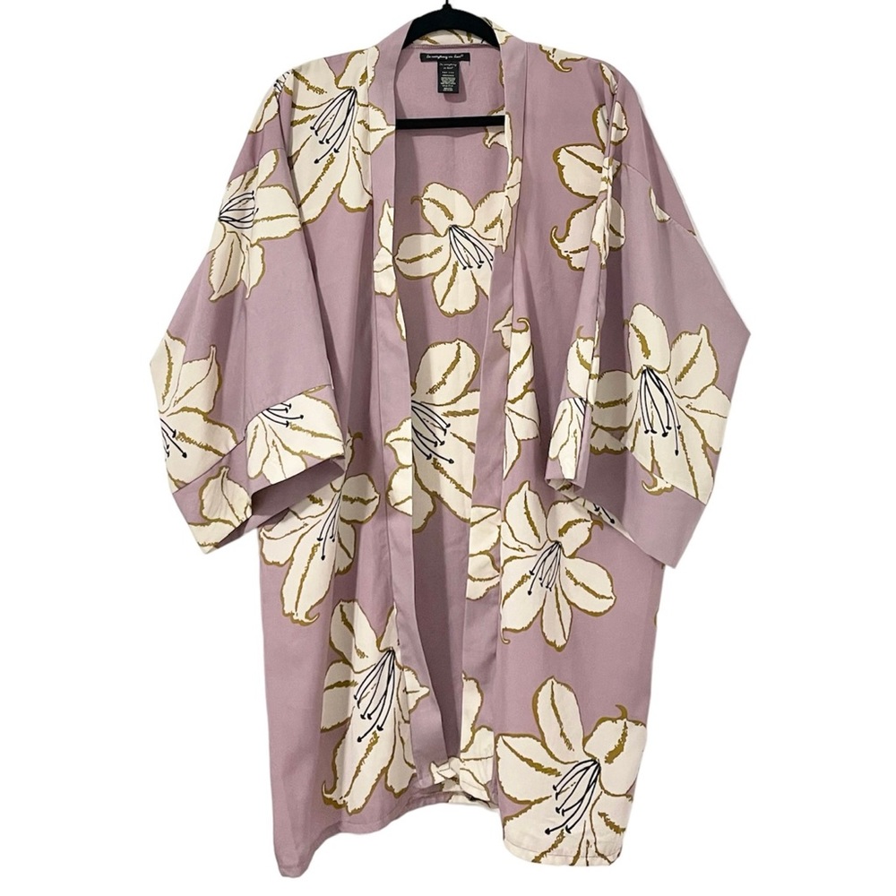 Do Everything In Love Floral Lily Pattern Mauve Long Kimono Open Front Robe OS
